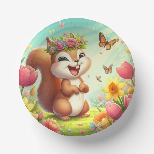 Cute, happy springtime squirrel  paper plate (Front)