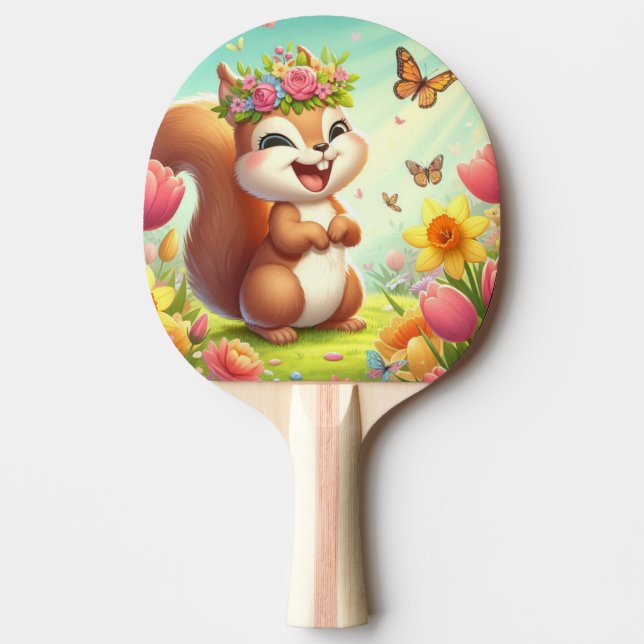 Cute, happy springtime squirrel  ping pong paddle (Front)