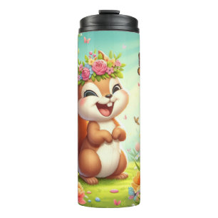 Cute, happy springtime squirrel thermal tumbler