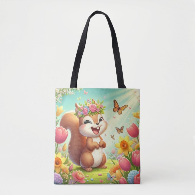 Cute, happy springtime squirrel  tote bag (Front)
