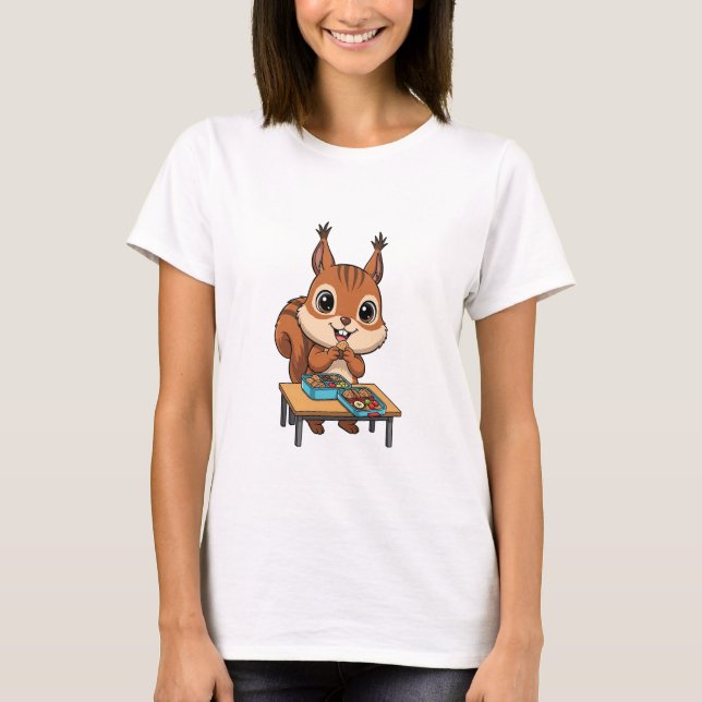 Cute Happy Squirrel Eating Lunch From Bento Boxes T-Shirt (Front)