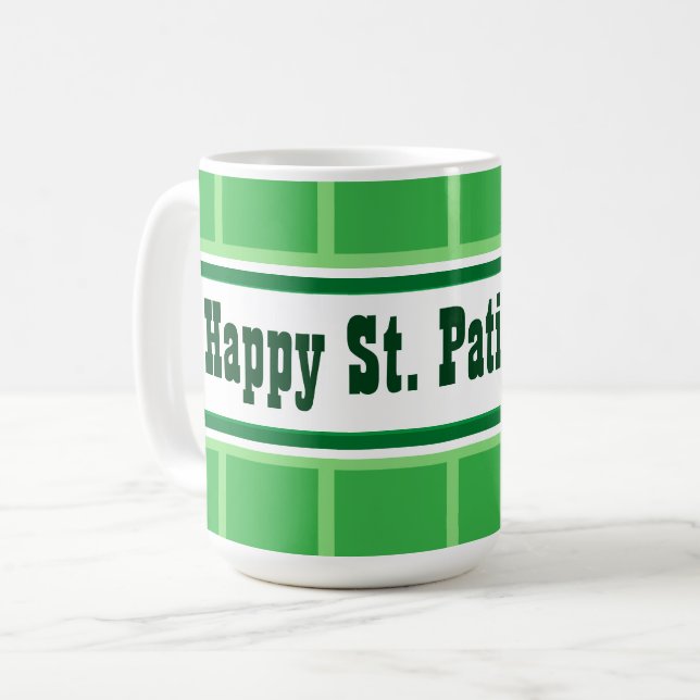 Cute Happy St. Patrick's Day Striped Green Coffee Mug (Front Left)