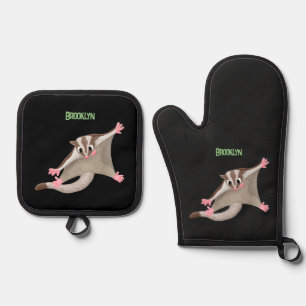 Cute happy sugar glider cartoon illustration oven mitt & pot holder set