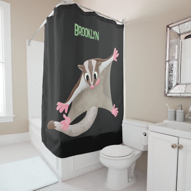 Cute happy sugar glider cartoon illustration shower curtain (In Situ)