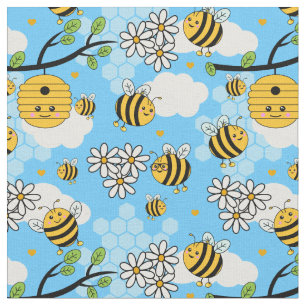 Cute Happy Summer Bees and Flowers Pattern Fabric