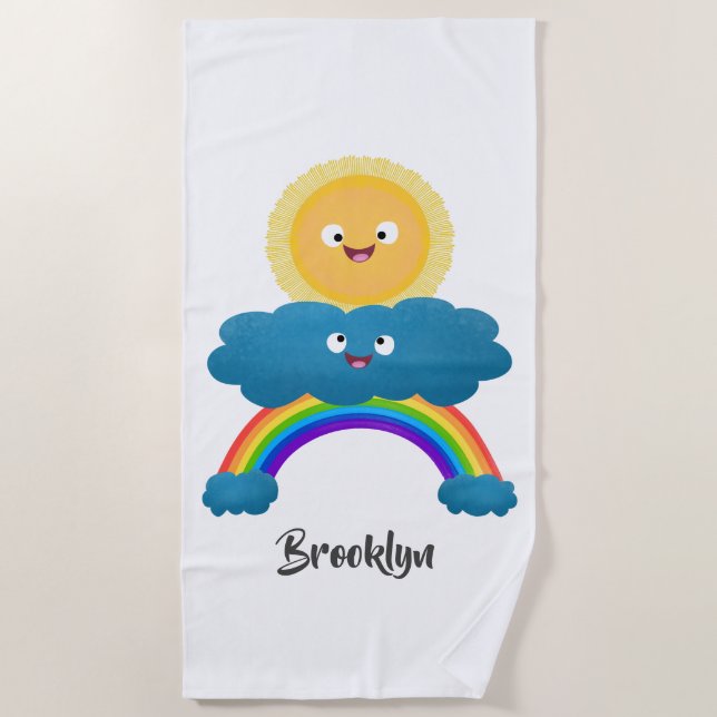 Cute happy sun cloud rainbow cartoon beach towel (Front)