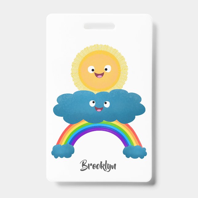 Cute happy sun cloud rainbow cartoon ID badge (Front)