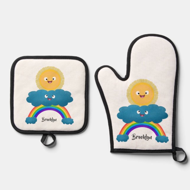 Cute happy sun cloud rainbow cartoon oven mitt & pot holder set (Front)