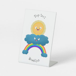 Cute happy sun cloud rainbow cartoon pedestal sign