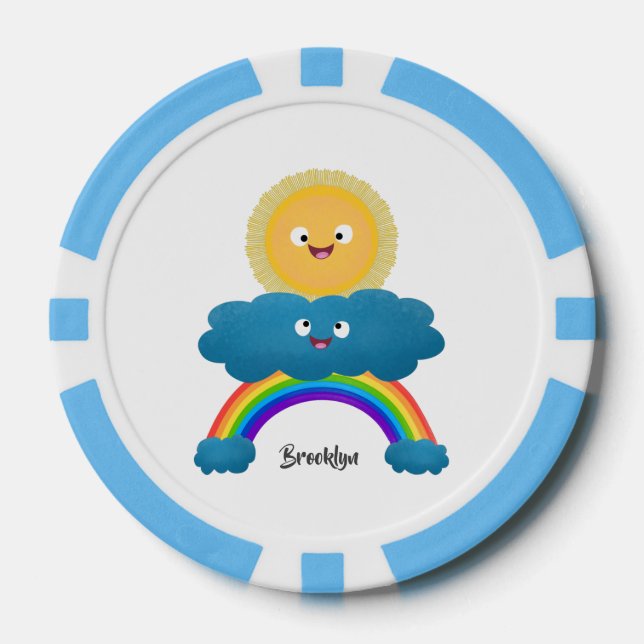 Cute happy sun cloud rainbow cartoon poker chips (Front)