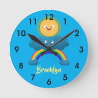 Cute happy sun cloud rainbow cartoon round clock