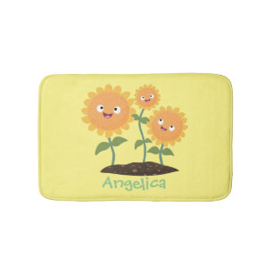 Cute happy sunflowers smiling cartoon illustration bath mat