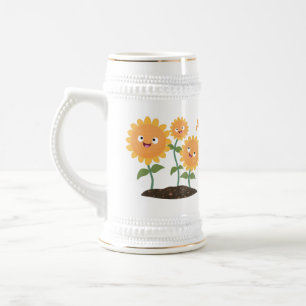 Cute happy sunflowers smiling cartoon illustration beer stein