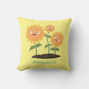 Cute happy sunflowers smiling cartoon illustration cushion