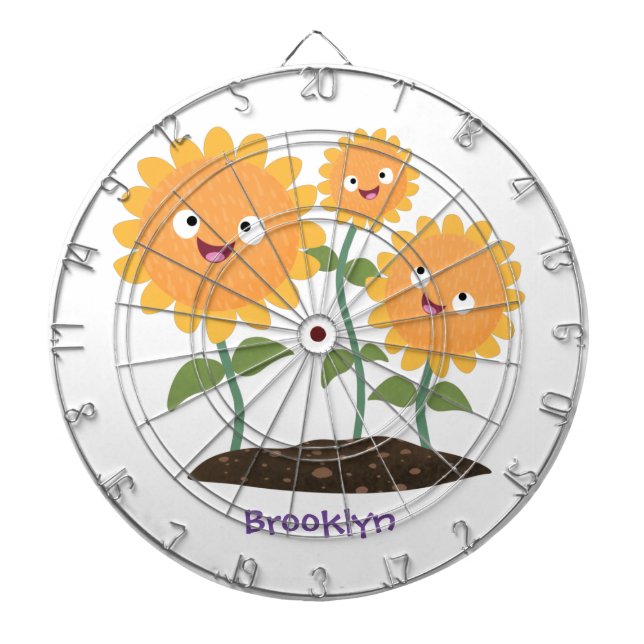 Cute happy sunflowers smiling cartoon illustration dartboard (Front)