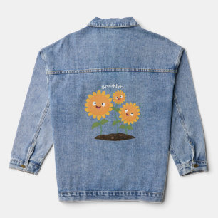 Cute happy sunflowers smiling cartoon illustration denim jacket