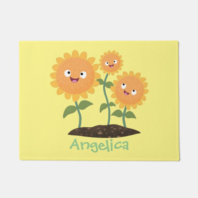 Cute happy sunflowers smiling cartoon illustration doormat (Front)