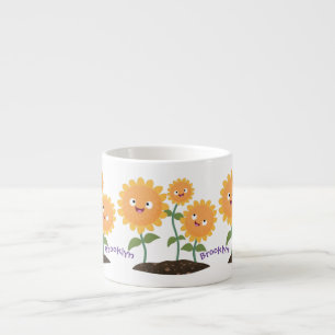 Cute happy sunflowers smiling cartoon illustration espresso cup