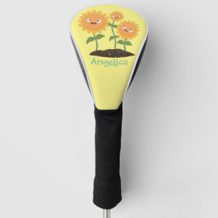 Cute happy sunflowers smiling cartoon illustration golf head cover