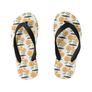 Cute happy sunflowers smiling cartoon illustration kid's jandals