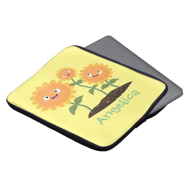 Cute happy sunflowers smiling cartoon illustration laptop sleeve (Front Top)