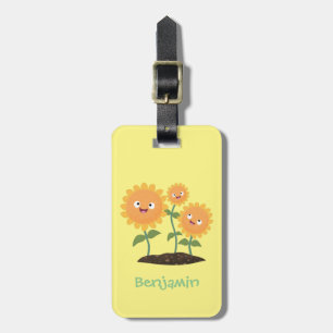 Cute happy sunflowers smiling cartoon illustration luggage tag