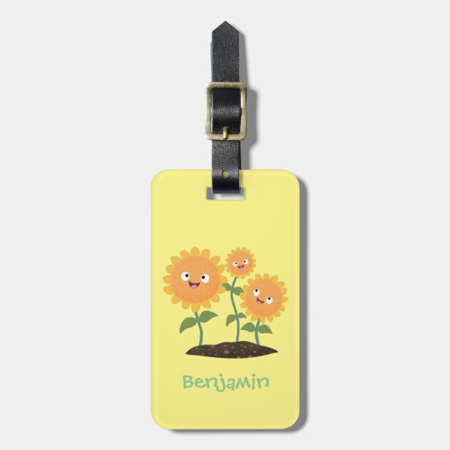 Cute happy sunflowers smiling cartoon illustration luggage tag (Front Vertical)