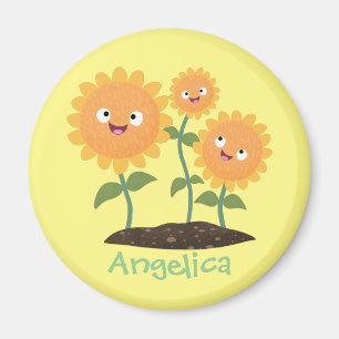 Cute happy sunflowers smiling cartoon illustration magnet
