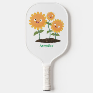 Cute happy sunflowers smiling cartoon illustration pickleball paddle