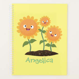 Cute happy sunflowers smiling cartoon illustration planner