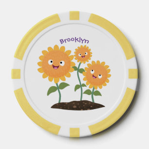 Cute happy sunflowers smiling cartoon illustration poker chips
