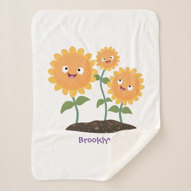 Cute happy sunflowers smiling cartoon illustration sherpa blanket (Front)