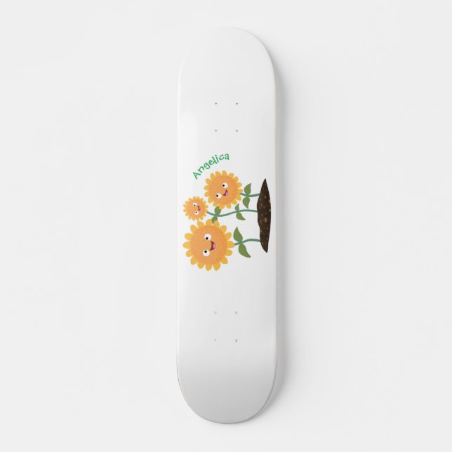Cute happy sunflowers smiling cartoon illustration skateboard (Front)