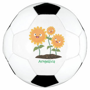 Cute happy sunflowers smiling cartoon illustration soccer ball