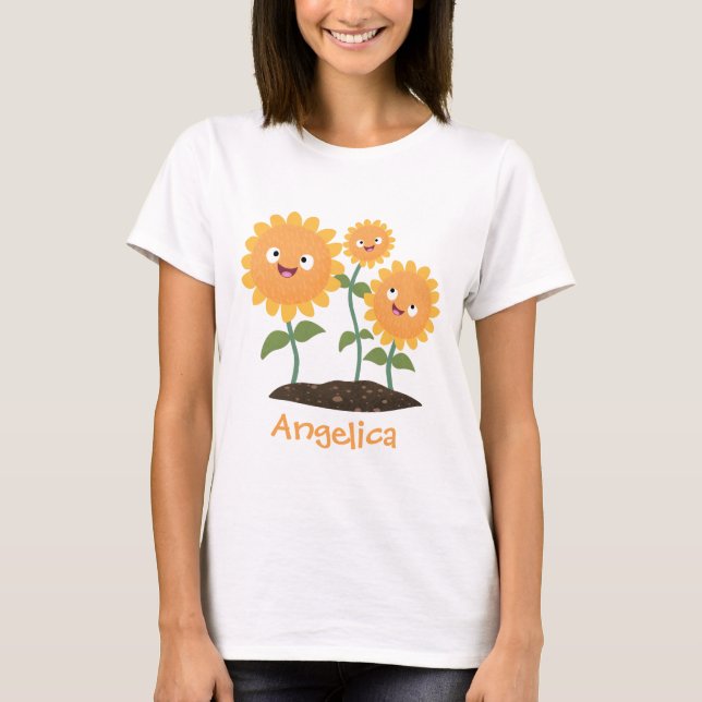 Cute happy sunflowers smiling cartoon illustration T-Shirt (Front)