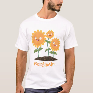 Cute happy sunflowers smiling cartoon illustration T-Shirt