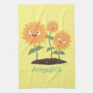 Cute happy sunflowers smiling cartoon illustration tea towel