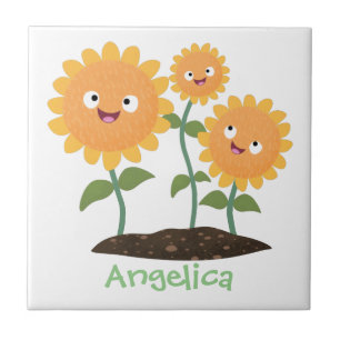 Cute happy sunflowers smiling cartoon illustration tile