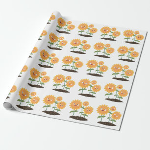 Cute happy sunflowers smiling cartoon illustration wrapping paper