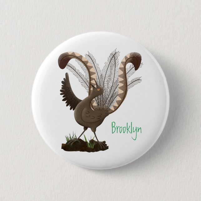 Cute happy superb lyrebird cartoon illustration 6 cm round badge (Front)