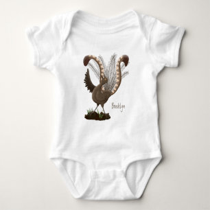 Cute happy superb lyrebird cartoon illustration baby bodysuit