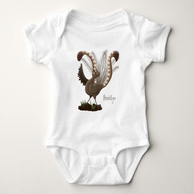 Cute happy superb lyrebird cartoon illustration  baby bodysuit (Front)