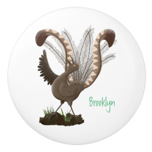 Cute happy superb lyrebird cartoon illustration ceramic knob