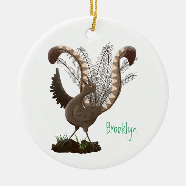 Cute happy superb lyrebird cartoon illustration ceramic tree decoration (Front)