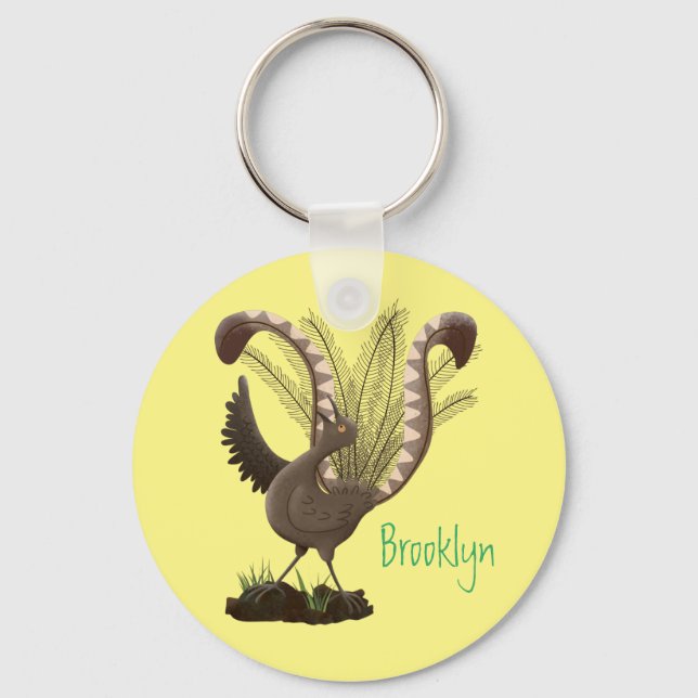 Cute happy superb lyrebird cartoon illustration key ring (Front)