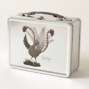 Cute happy superb lyrebird cartoon illustration metal lunch box