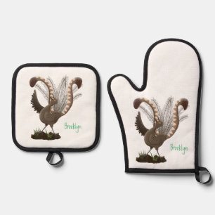 Cute happy superb lyrebird cartoon illustration oven mitt & pot holder set