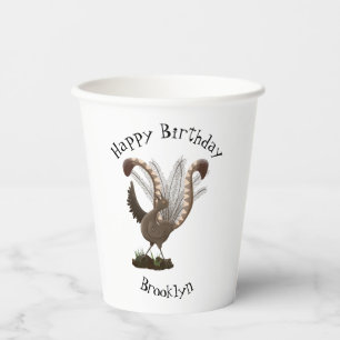 Cute happy superb lyrebird cartoon illustration  paper cups