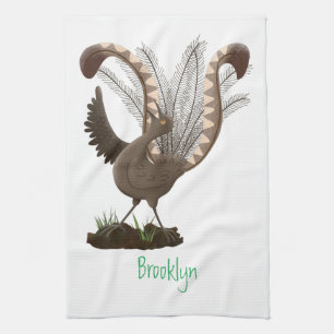 Cute happy superb lyrebird cartoon illustration tea towel