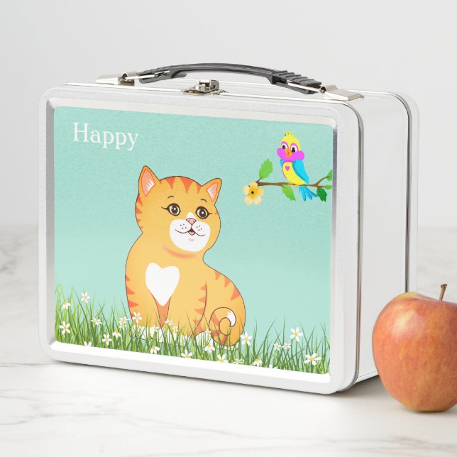 Cute Happy Tabby Cat & Little Bird Metal Lunch Box (In Situ)
